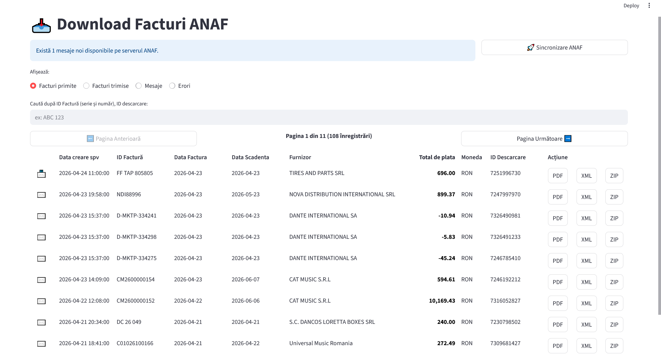 Download invoices screenshot